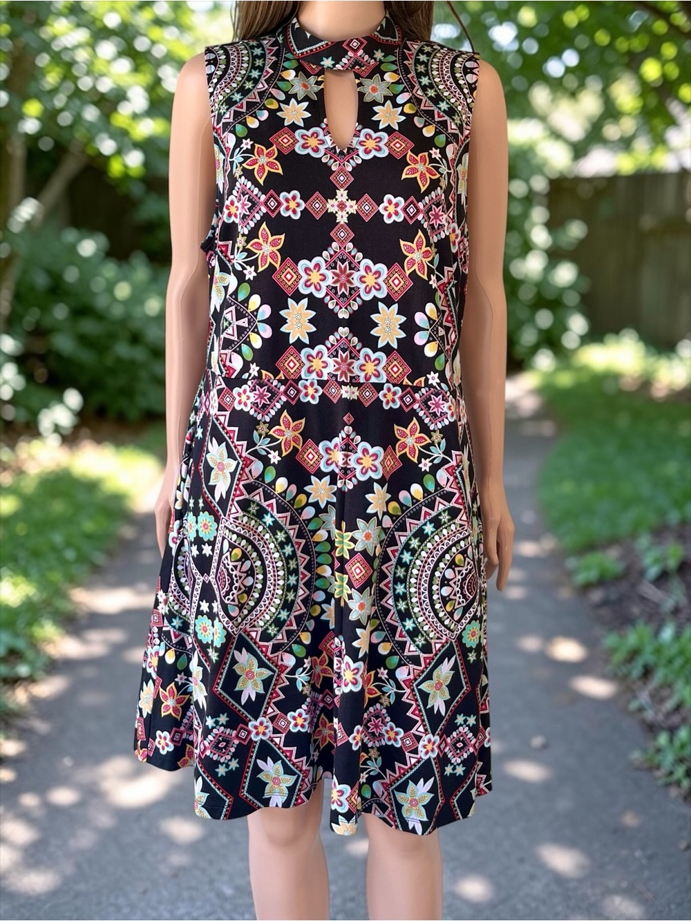 New York & Co XL Black Floral Cotton Pocket Dress Mock Neck Keyhole